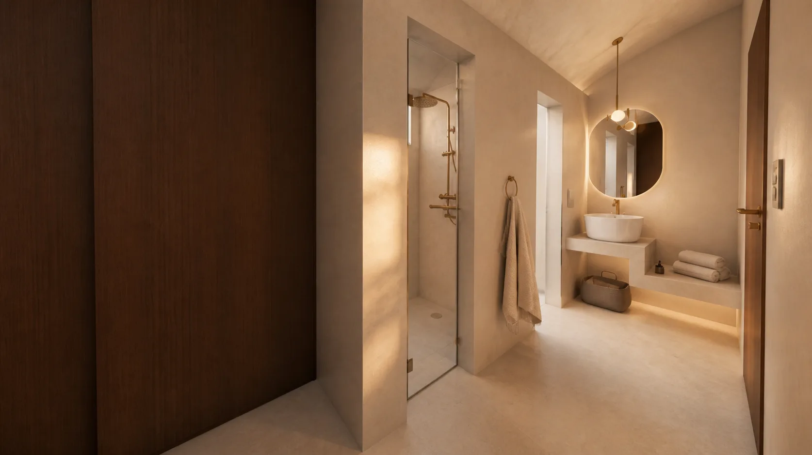 Baño de Casa Rodbal con muro de madera, regadera de vidrio y espejo retroiluminado