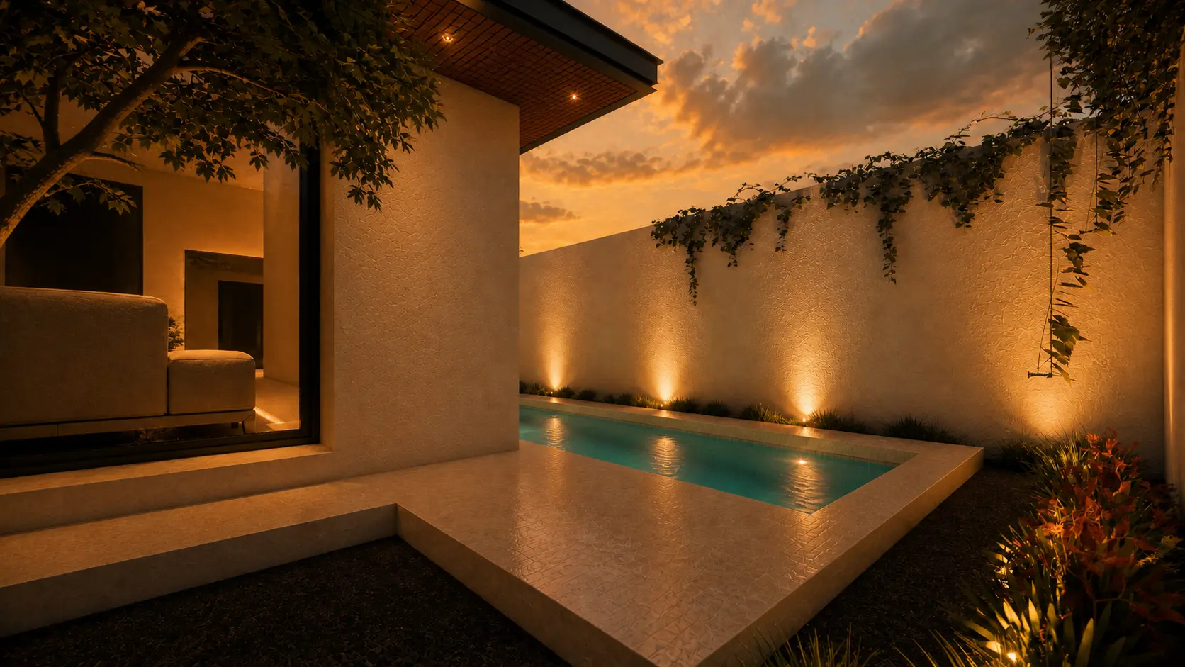 Terraza techada de Casa Horizonte con plafón de WPC, sala interior visible y alberca al atardecer