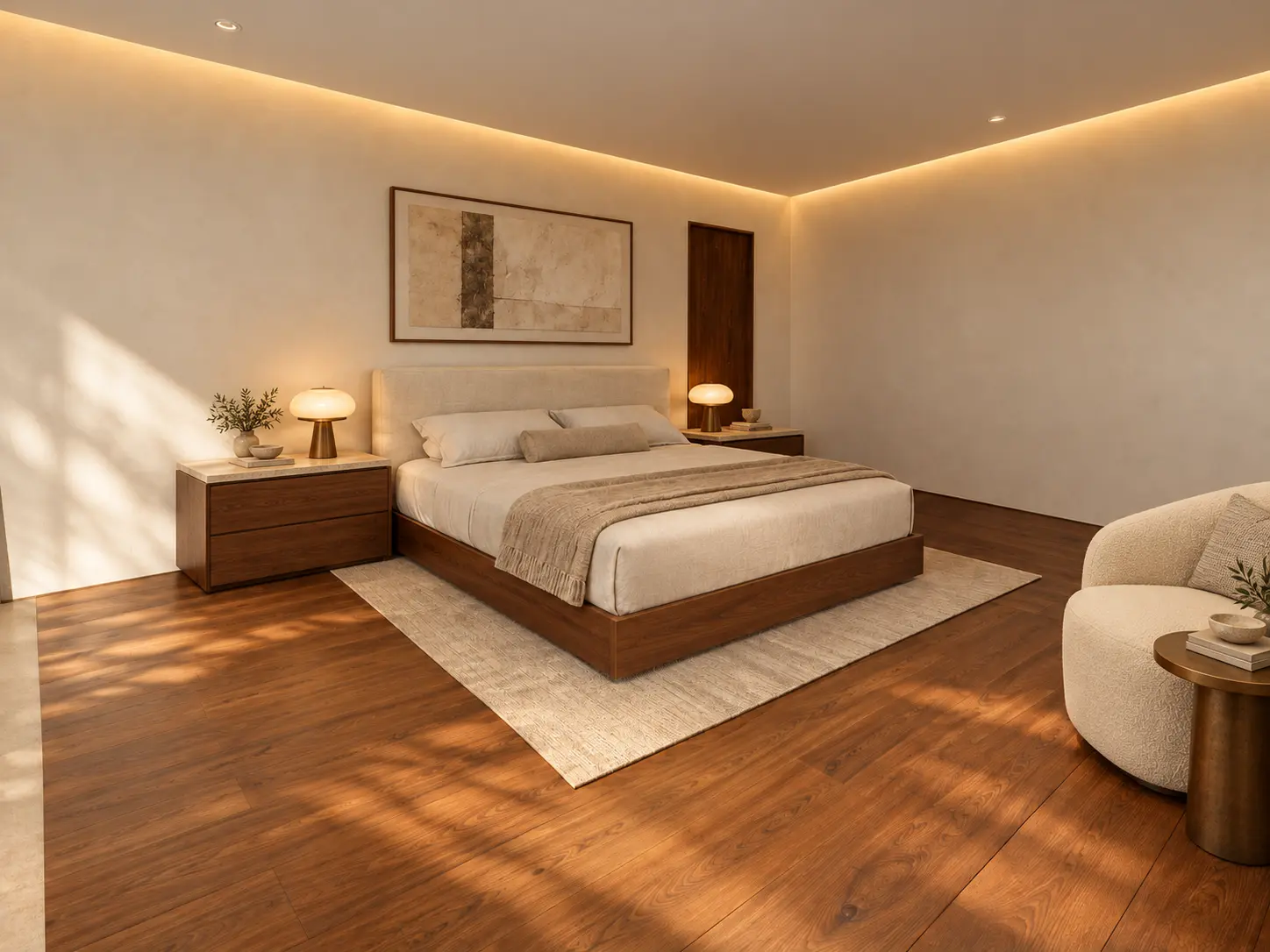 Recámara con cama baja, madera cálida e iluminación perimetral
