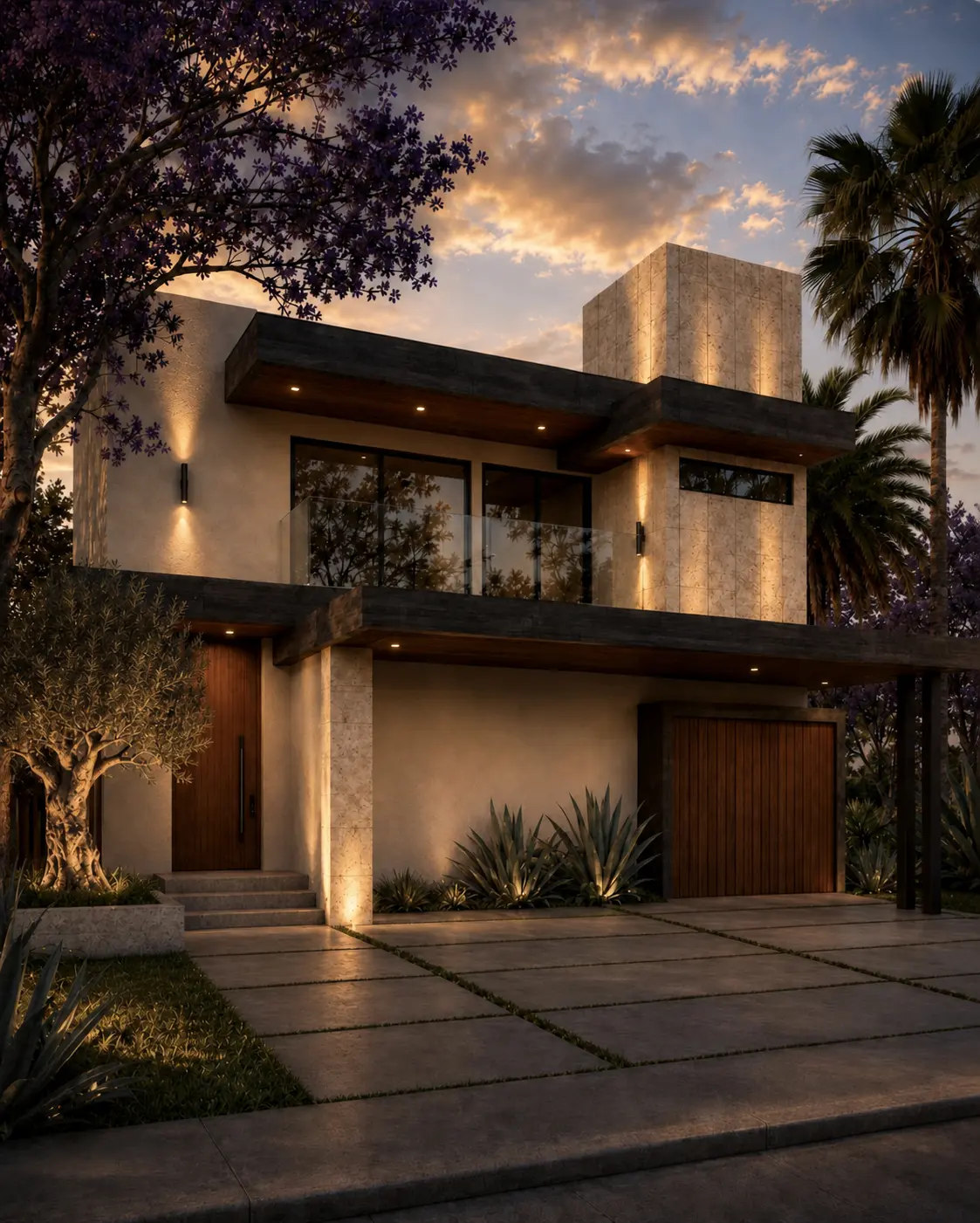 Fachada frontal de Casa Horizonte al atardecer, con puerta de madera, piedra clara y volados