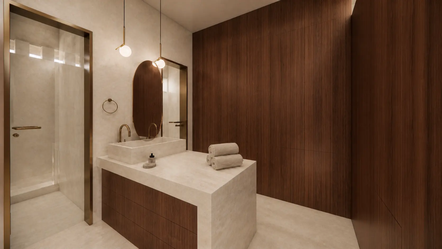Baño de Casa Rodbal con lavabo de piedra, grifería dorada y panel de madera