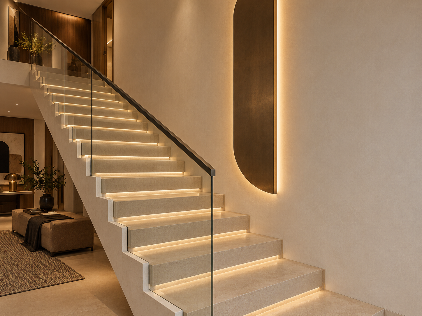Escalera flotante con iluminación LED bajo cada peldaño y barandal de vidrio