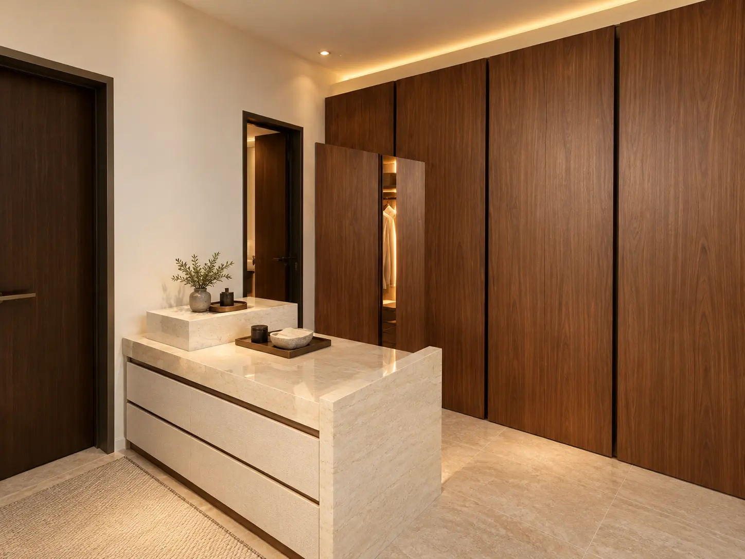 Vestidor con isla central de piedra y armarios de madera de piso a techo