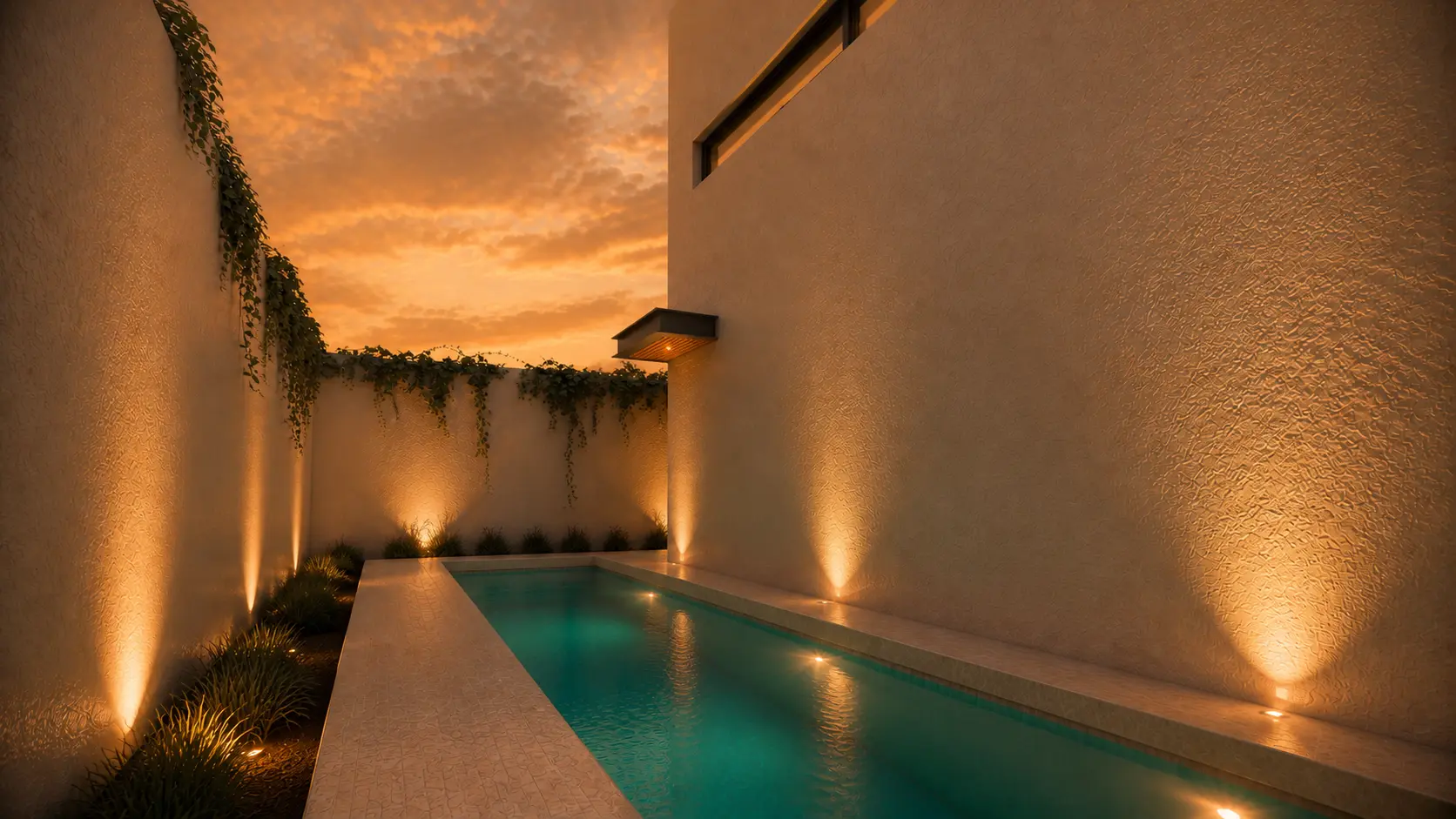 Alberca de Casa Horizonte al atardecer con muros iluminados y vegetación colgante