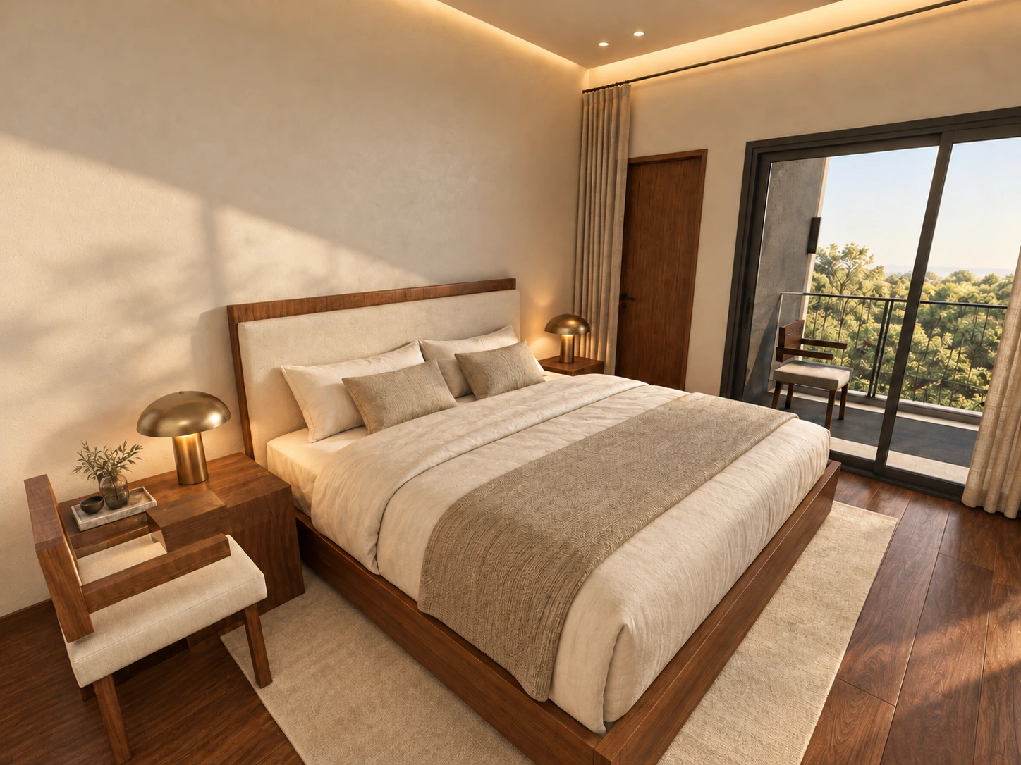 Recámara con cama baja de madera, lámparas doradas y balcón hacia los árboles