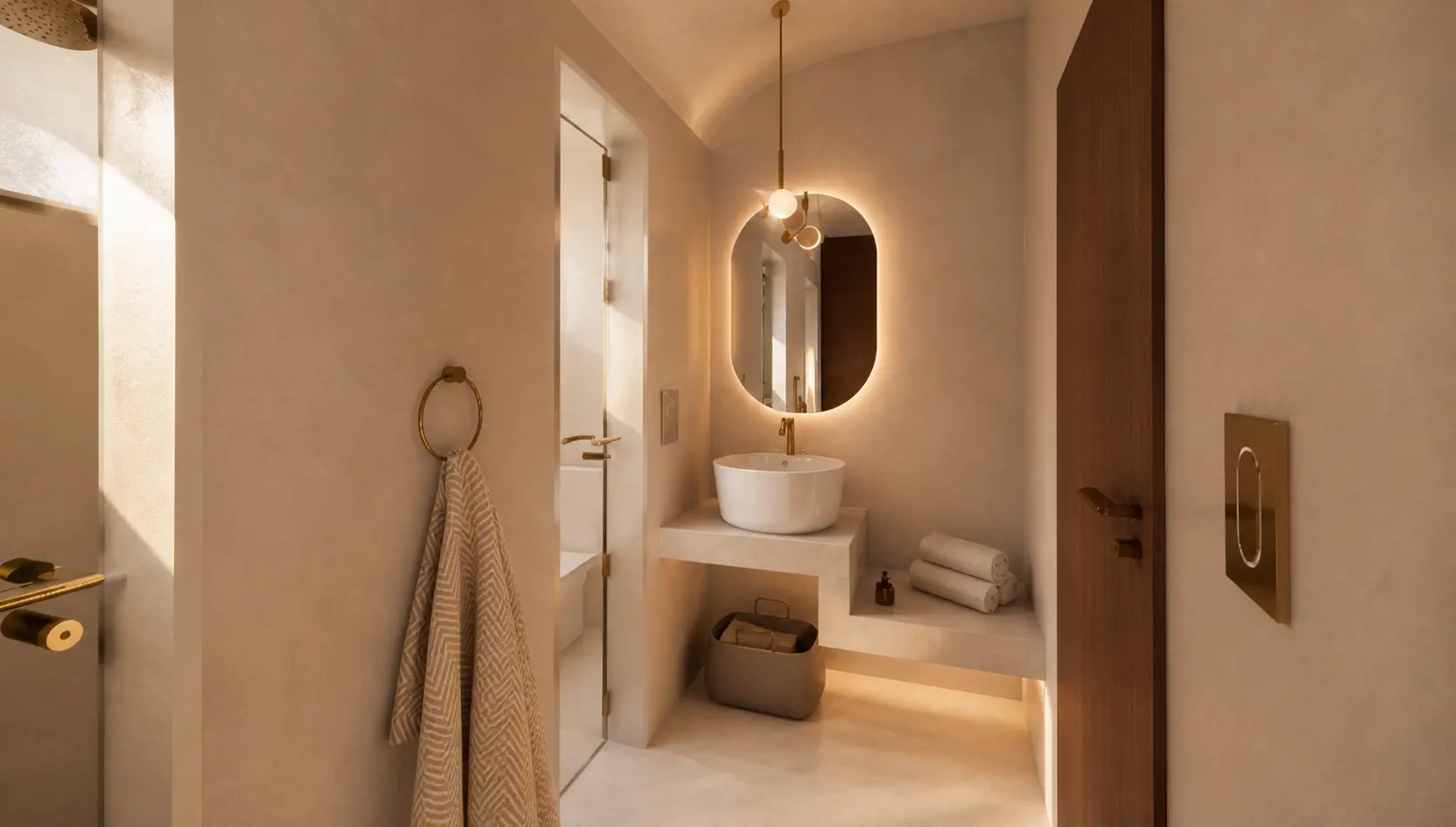 Baño de Casa Horizonte con muros continuos en tono arena, espejo retroiluminado y puerta de madera