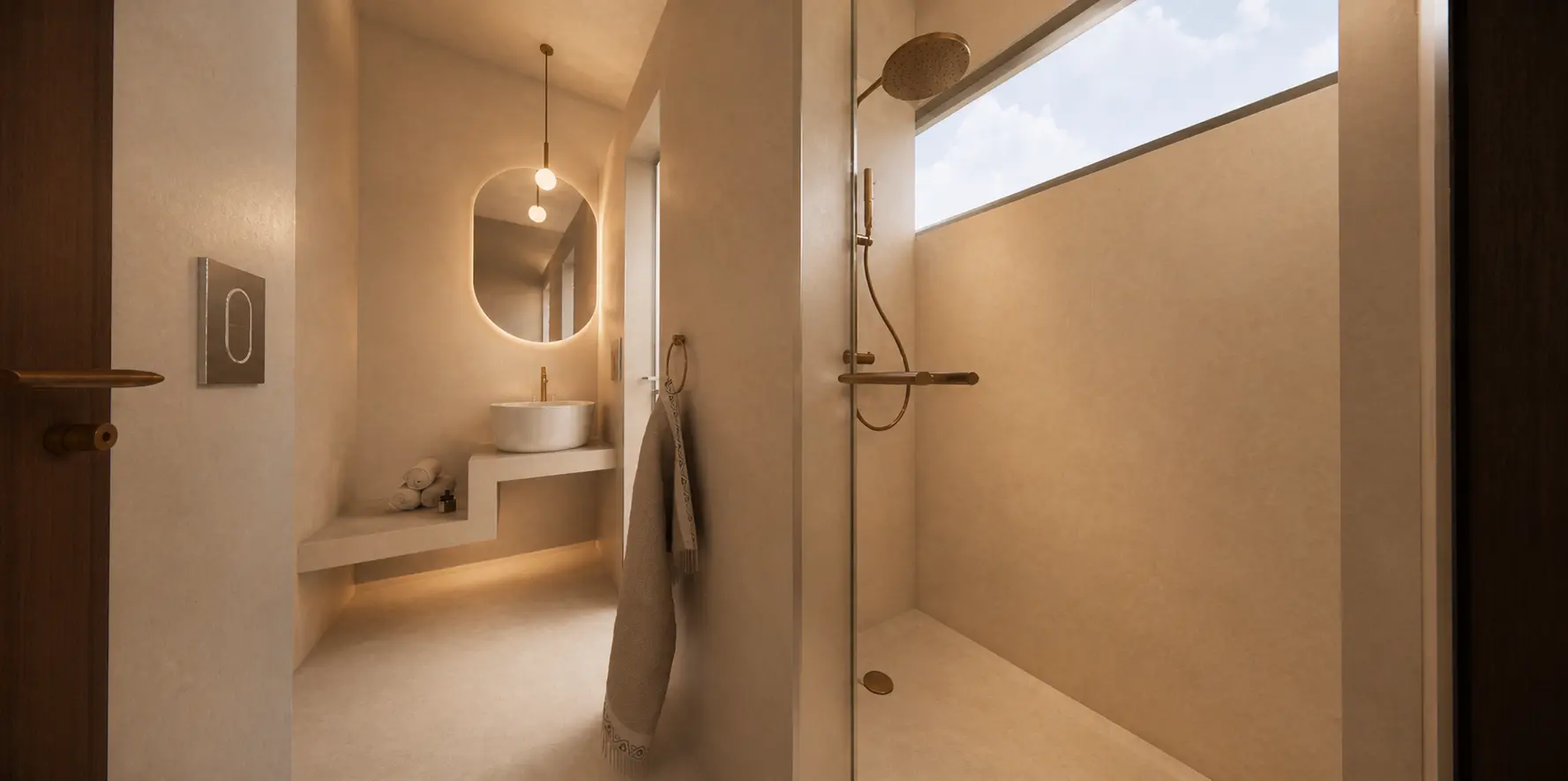 Baño de Casa Horizonte con regadera de vidrio, ventana alta y cubierta continua