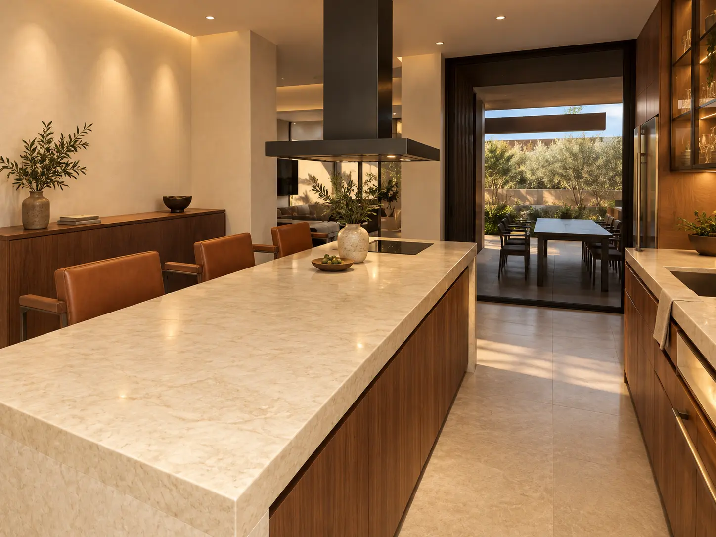 Cocina con isla de mármol, campana negra y carpintería de madera