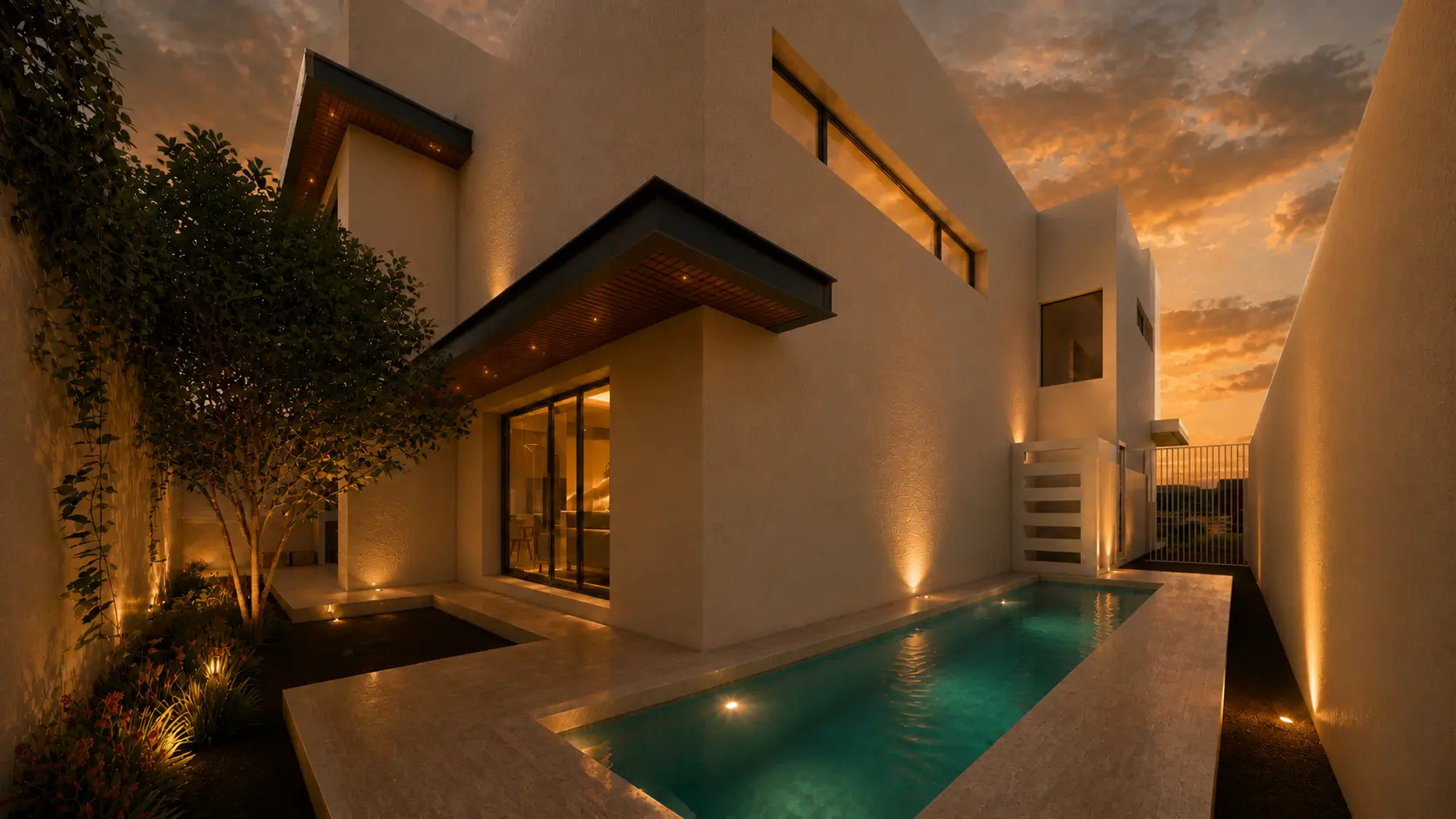 Fachada posterior de Casa Horizonte al atardecer, con alberca lineal, volados y muros iluminados