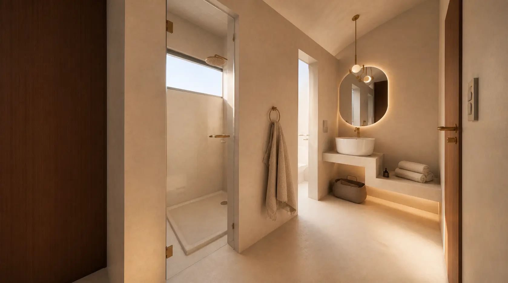 Vestidor y baño de Casa Horizonte con carpintería de madera y superficies continuas