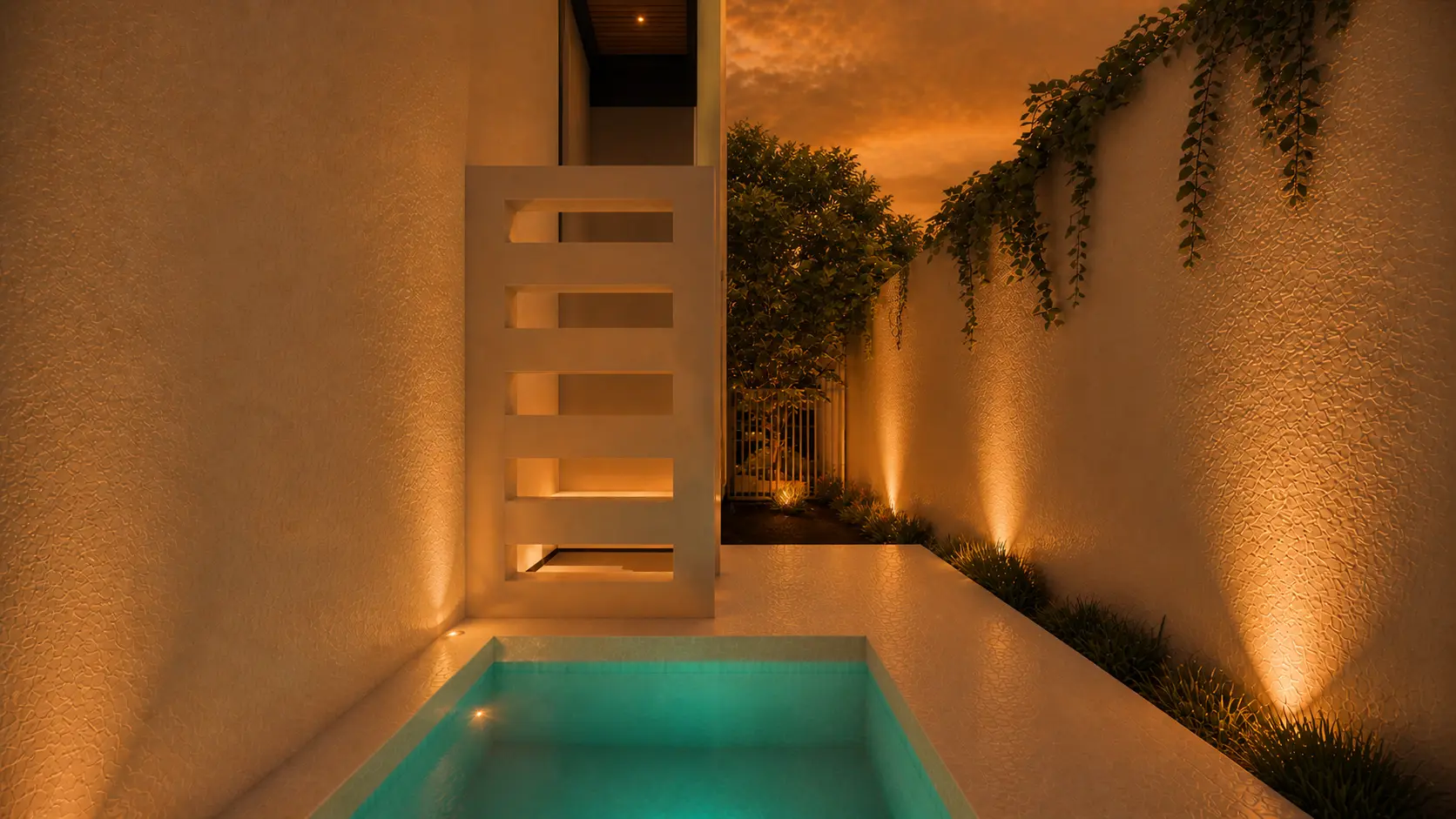Alberca de Casa Horizonte con iluminación nocturna y acceso lateral controlado