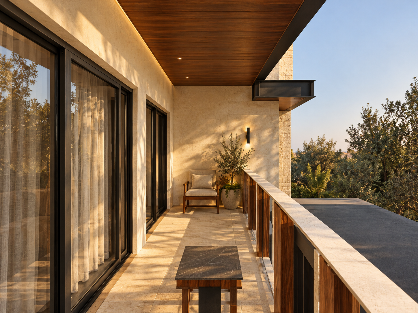 Balcón con piso de piedra, techo de madera y vista al jardín